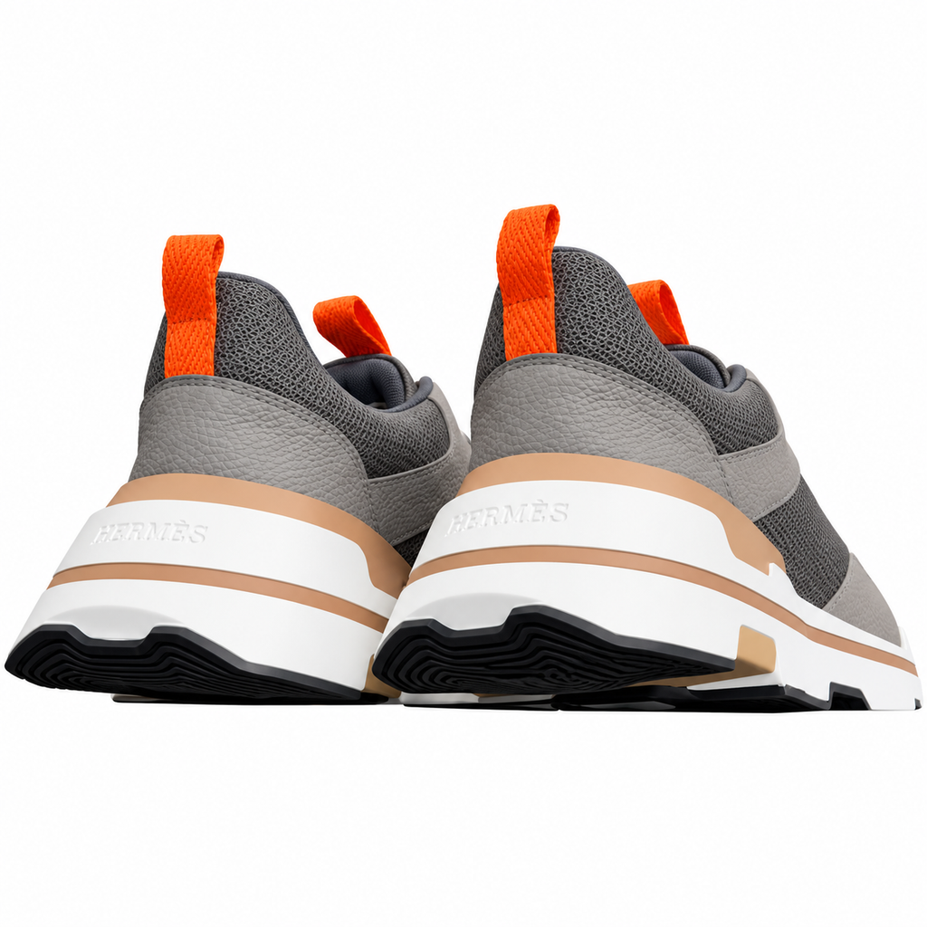 Hermès Gray Mesh Sneakers with Orange Accents