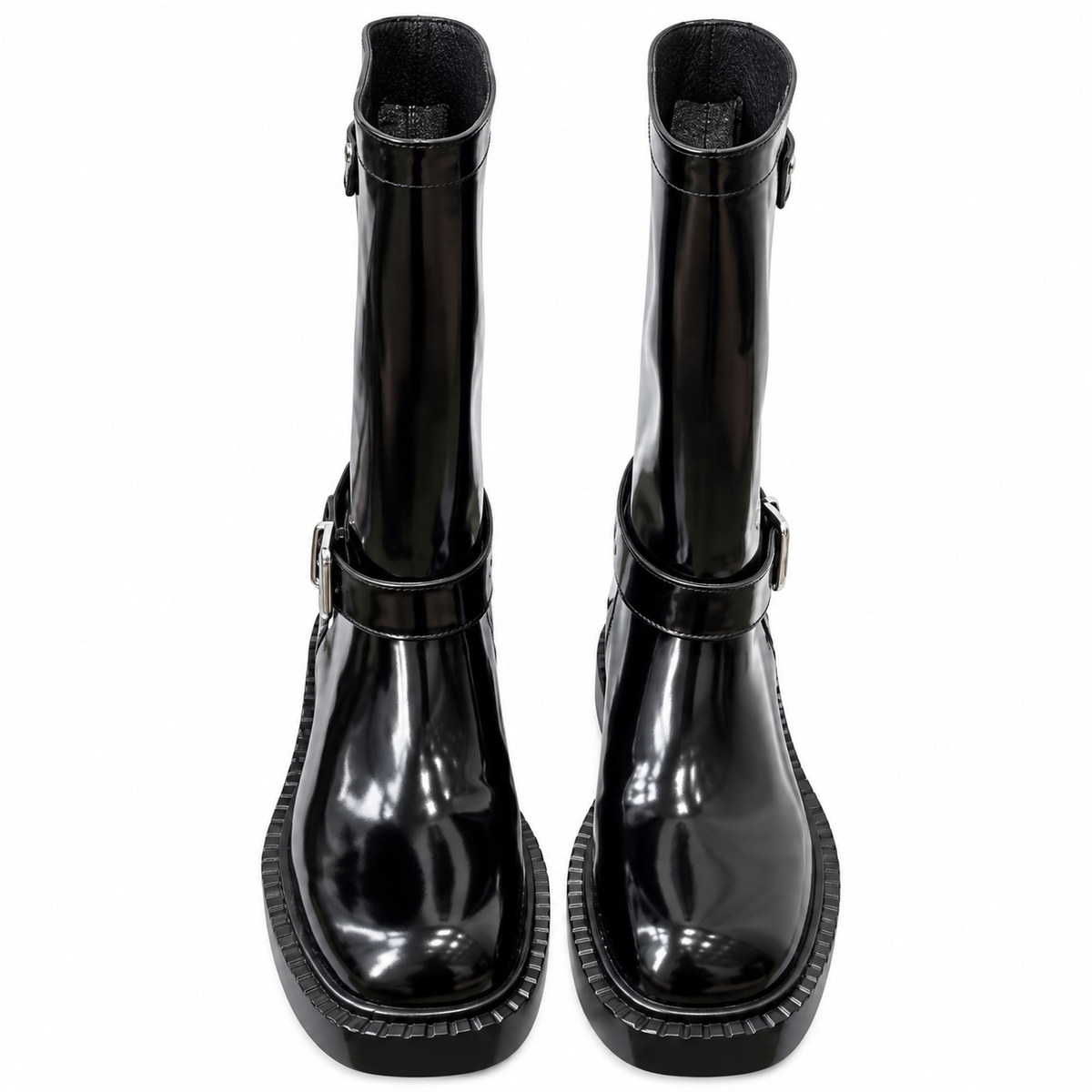 Prada Glossy Black Buckle-Strap Mid-Calf Boots