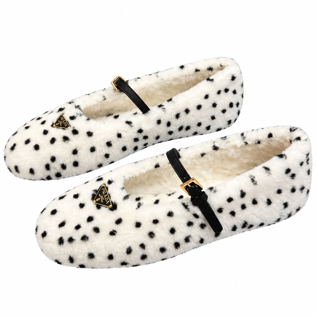 Prada Ivory Spotted Plush Mary Jane Flats