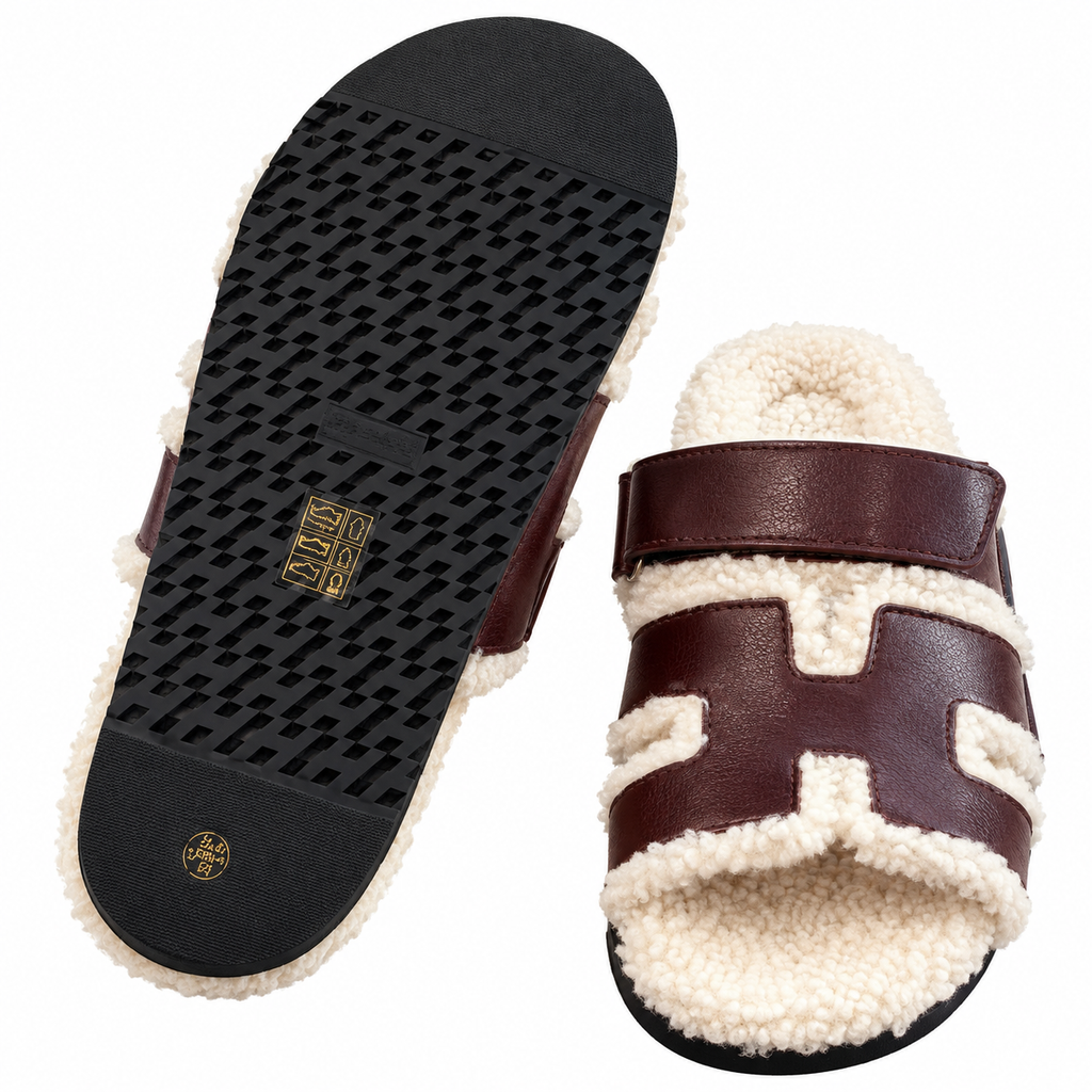Hermès Burgundy H-Strap Slides with Cream Trim
