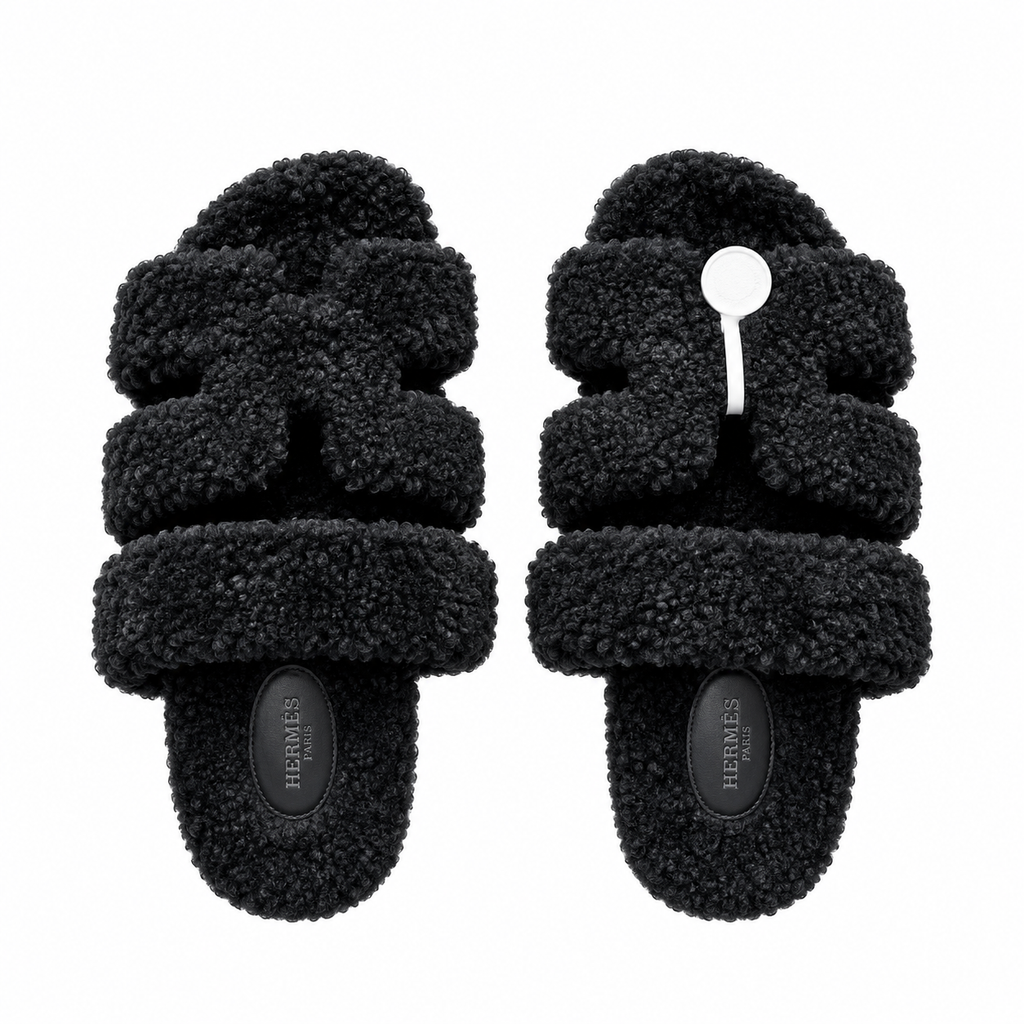 Hermès Black Textured H-Strap Slides