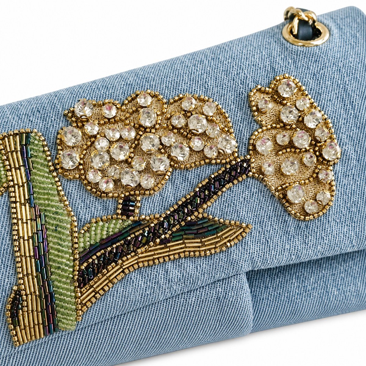 Chanel Denim Classic Flap Crystal Floral Embroidery Gold CC