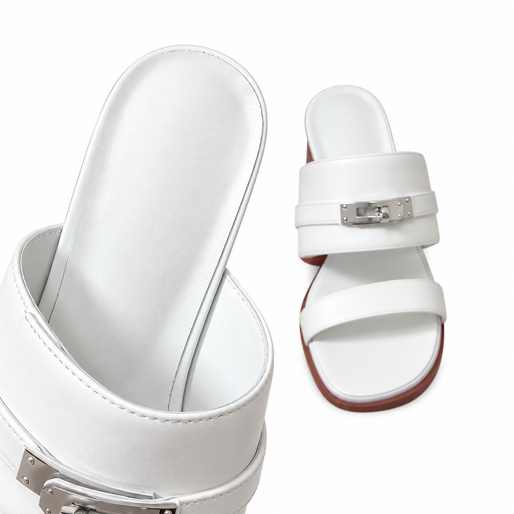Hermès White Block-Heel Sandals | Silver Lock