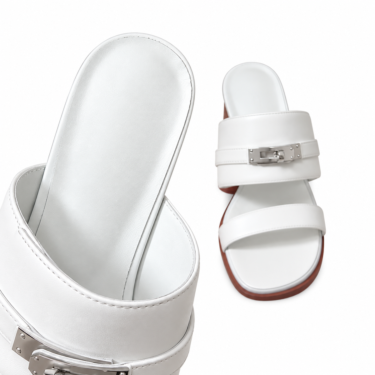 Hermès White Block-Heel Sandals | Silver Lock