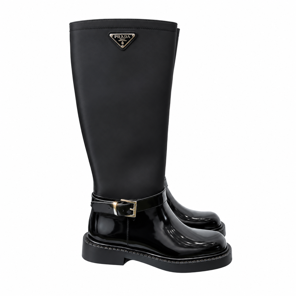 Prada Black Glossy-Panel Buckled Tall Boots
