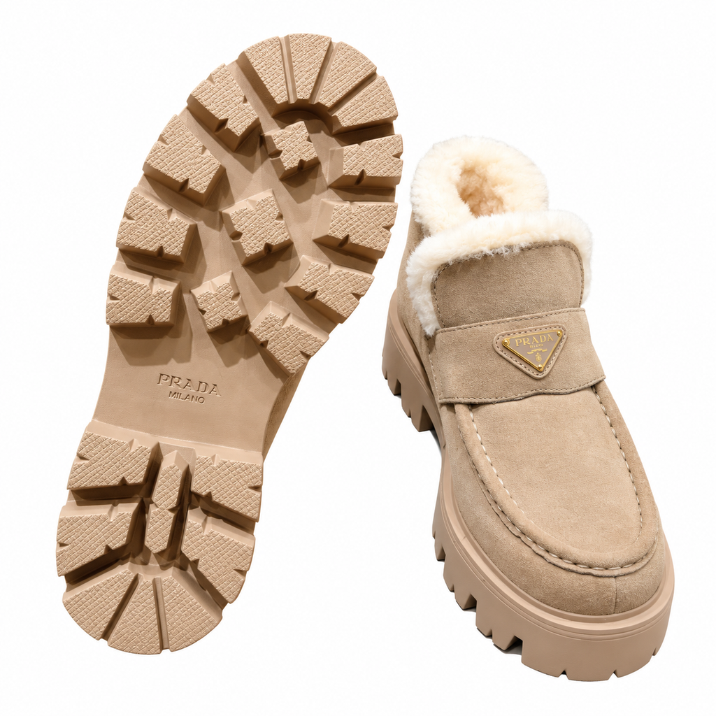 Prada Beige Plush-Trim Lug-Sole Ankle Boots