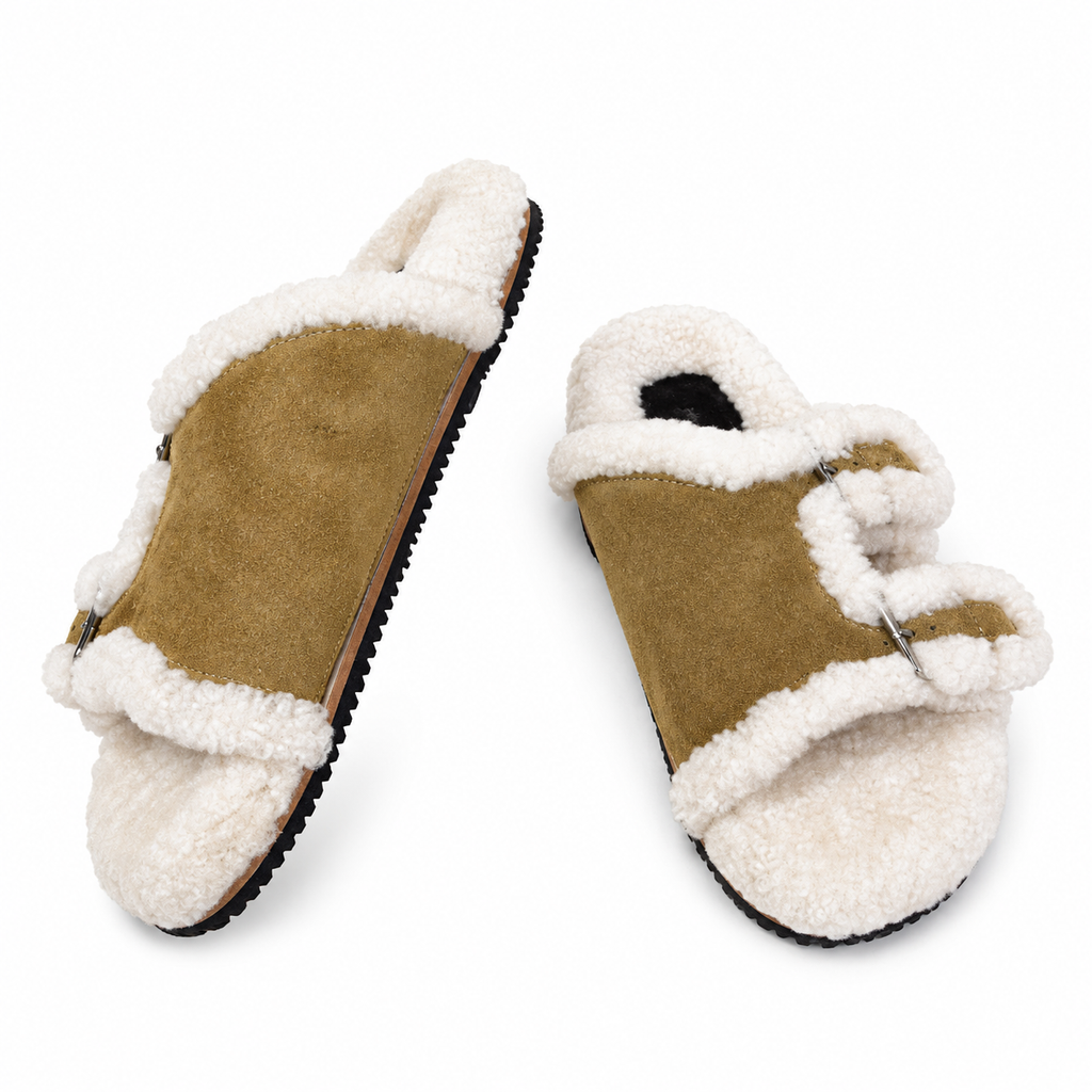 Hermès Khaki Double-Buckle Slides with Cream Trim