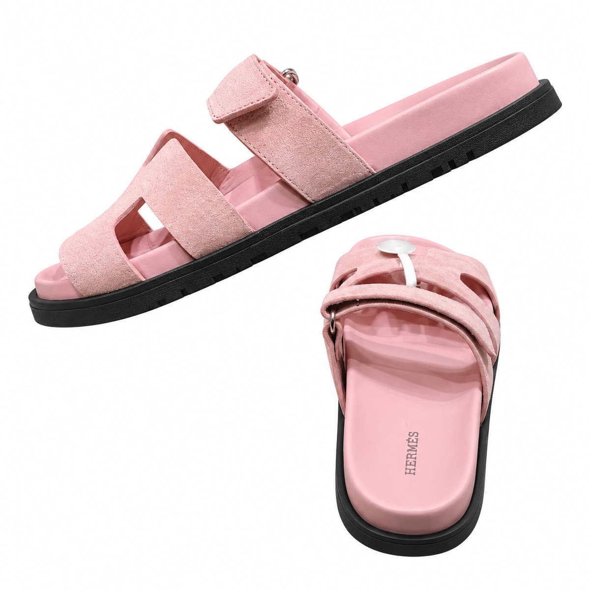 Hermès Pink Textured Leather H-Cutout Slides