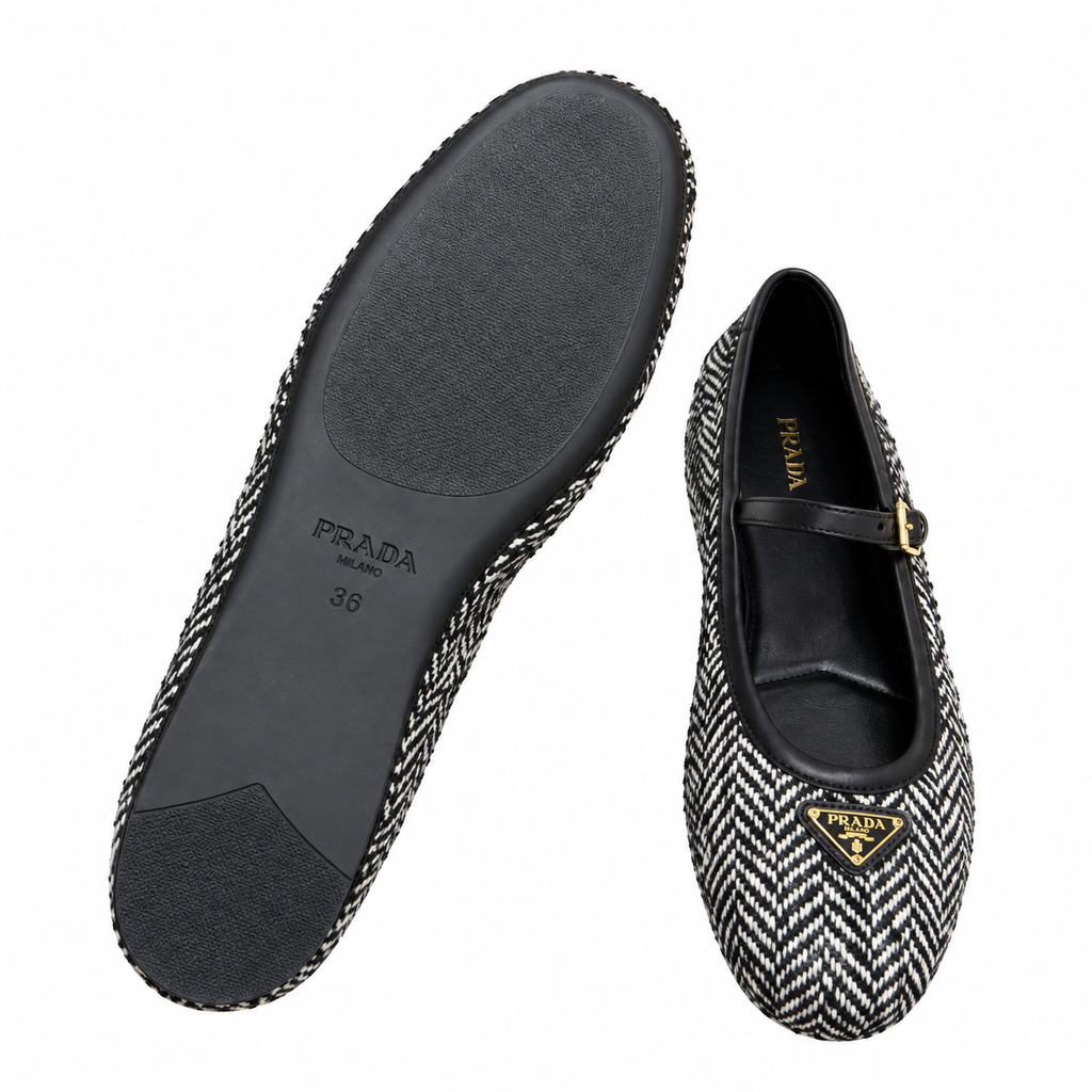 Prada Black Herringbone Mary Jane Ballet Flats