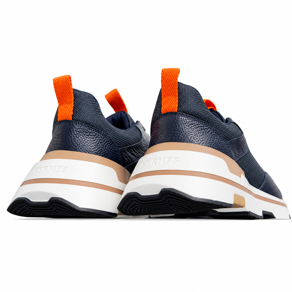 Hermès Navy Mesh Sneakers with Orange Accents