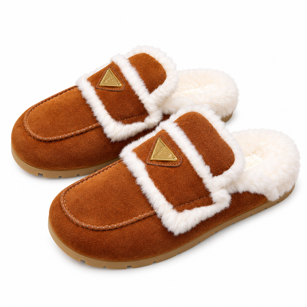 Prada Rust Brown Plush-Trim Loafer Mules