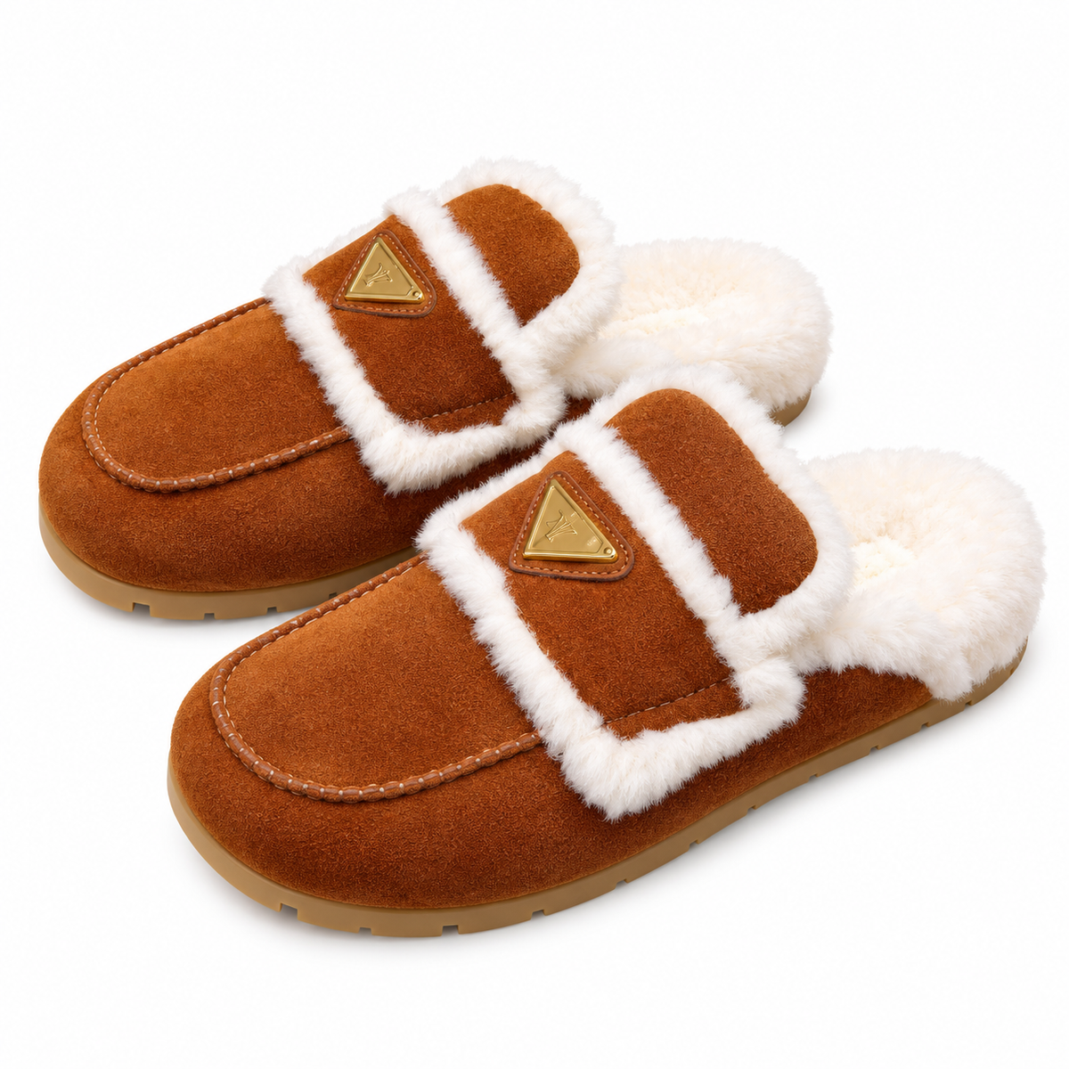 Prada Rust Brown Plush-Trim Loafer Mules