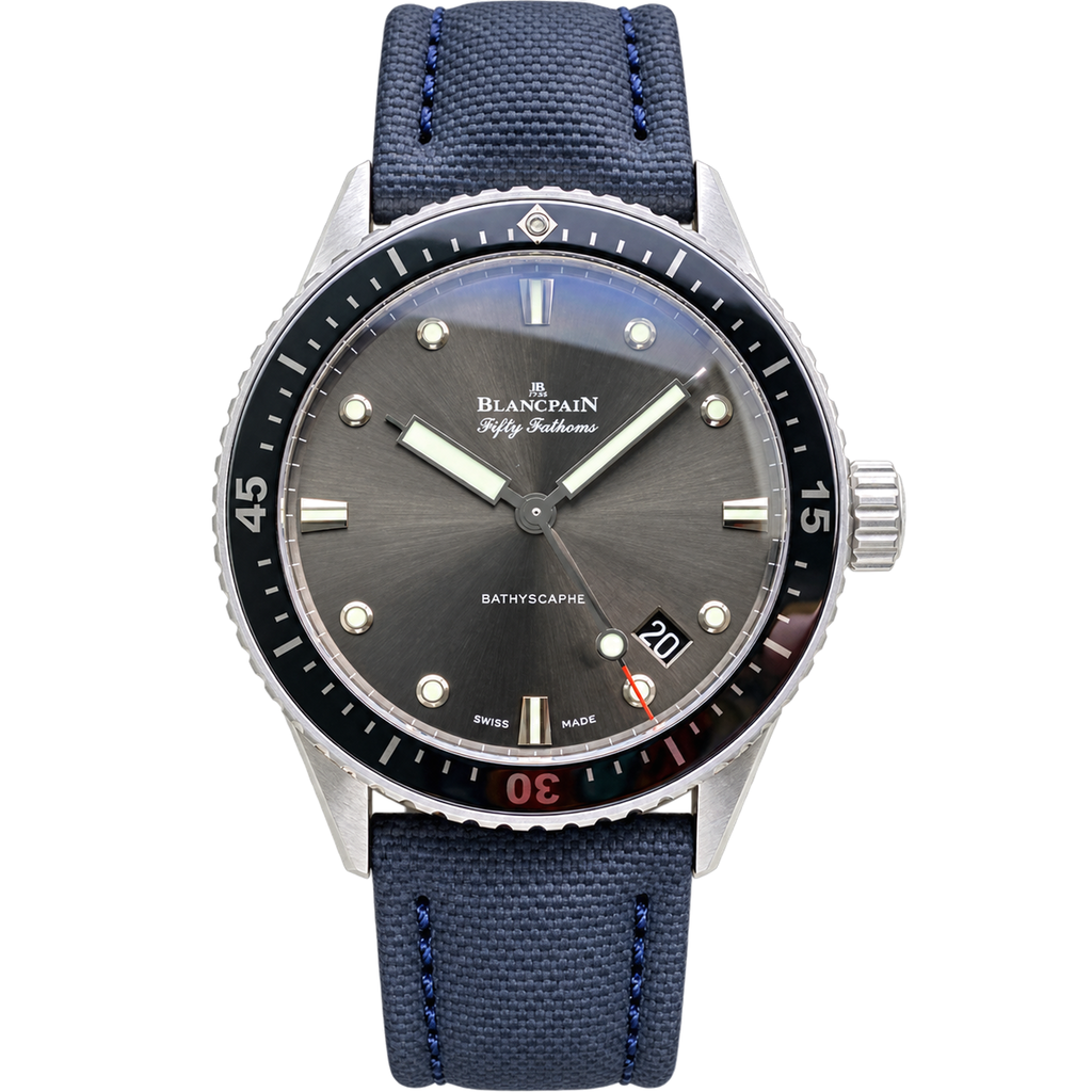 Blancpain Fifty Fathoms Bathyscaphe grey dial black ceramic bezel red seconds blue canvas strap