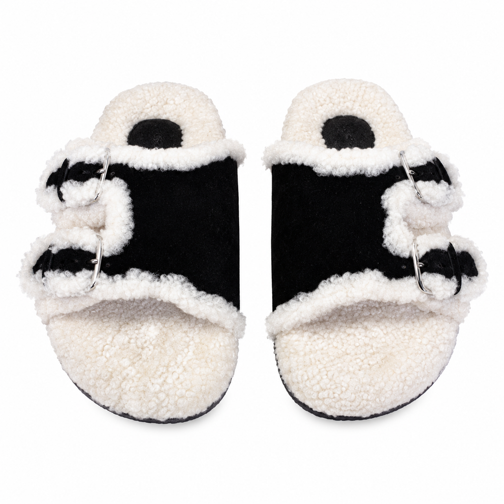 Hermès Black Double-Buckle Slides with Cream Trim