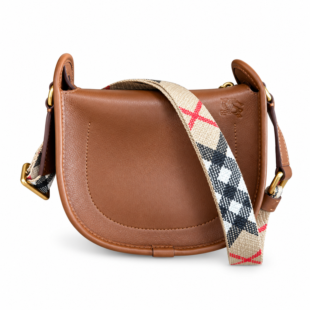 Burberry Cognac Saddle Bag with Heritage Check Strap