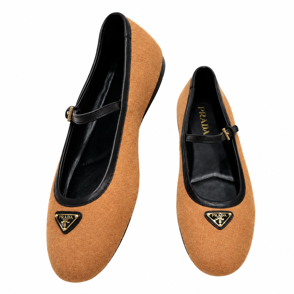 Prada Camel Textured Mary Jane Ballet Flats