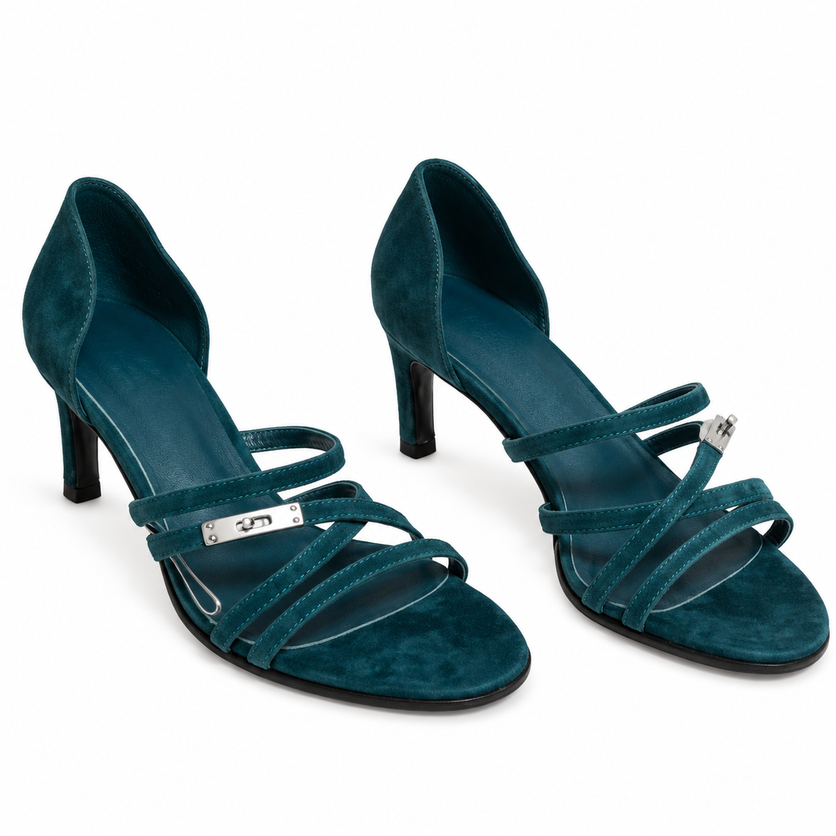 Hermès Teal Cross-Strap Heeled Sandals