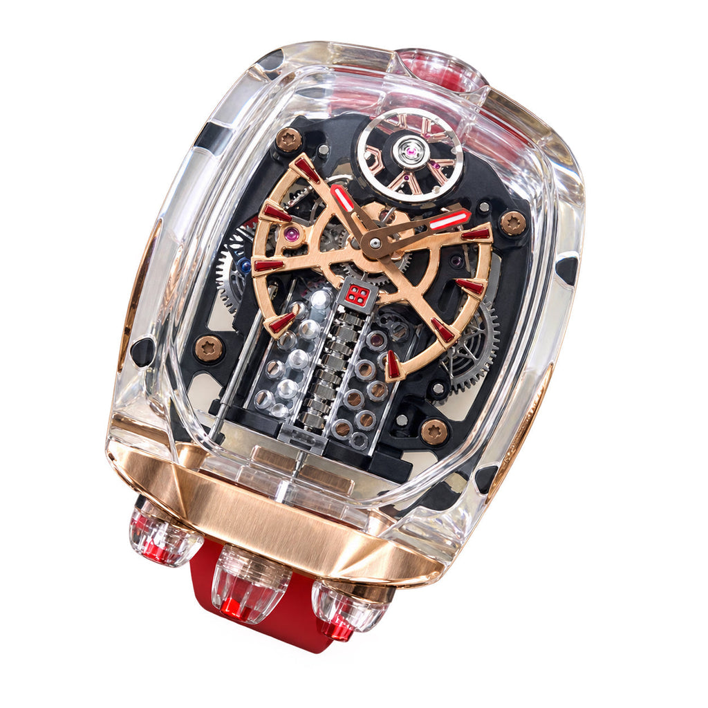 Jacob & Co. x Bugatti Chiron Clear Sapphire Rose Gold Tourbillon Red Rubber Watch