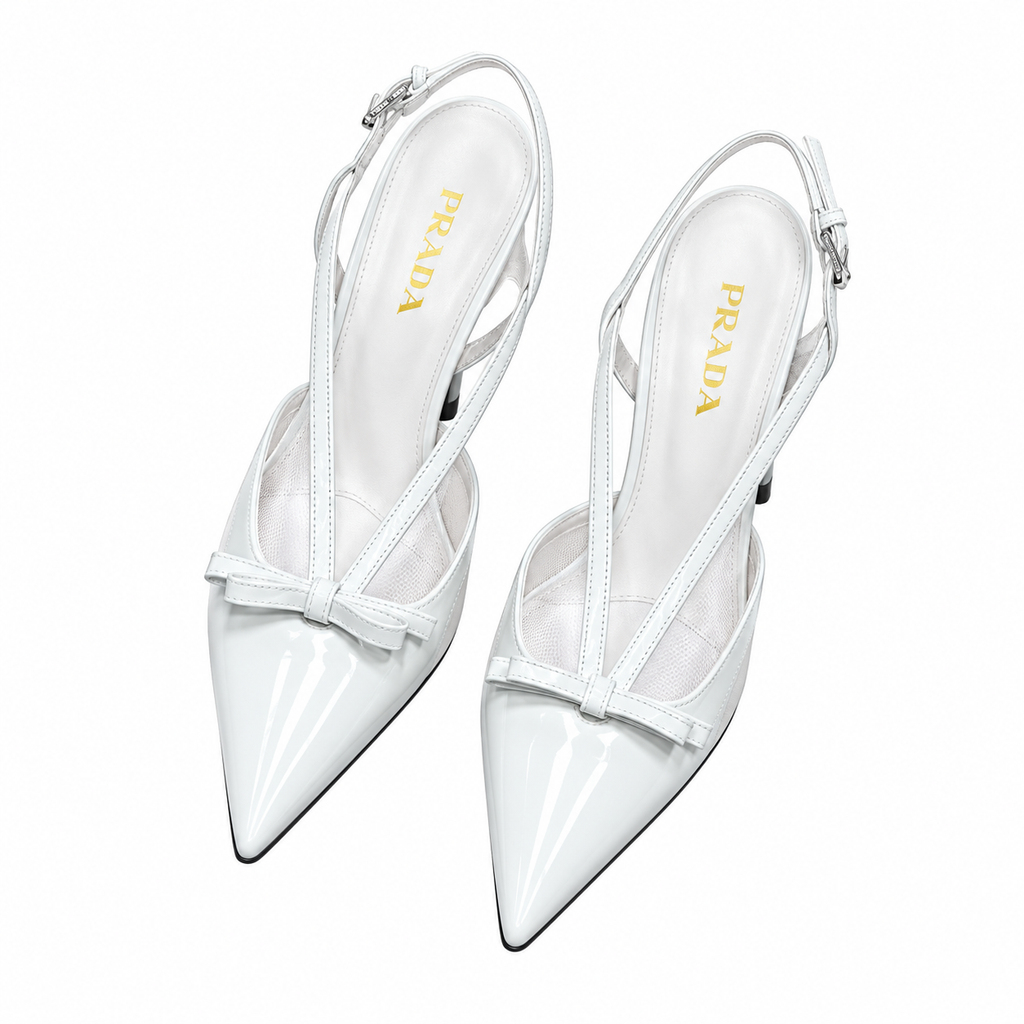 Prada White Bow Pointed-Toe Slingback Pumps