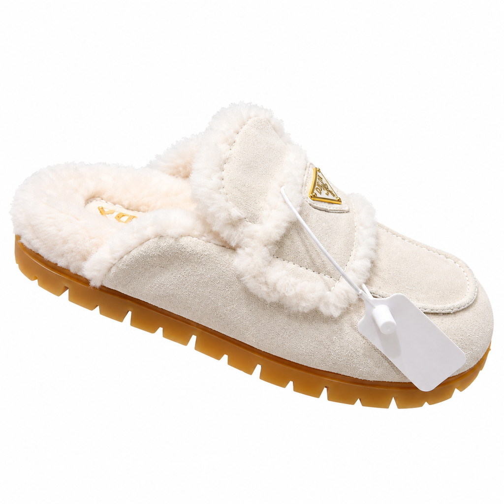Prada Ivory Plush-Trim Moc-Toe Loafer Mules