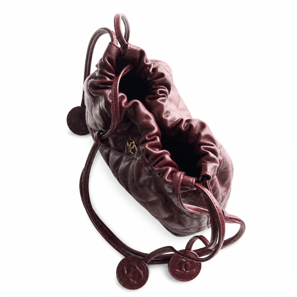 Chanel Quilted Calfskin Drawstring Bucket Bag Burgundy Gold Hardware