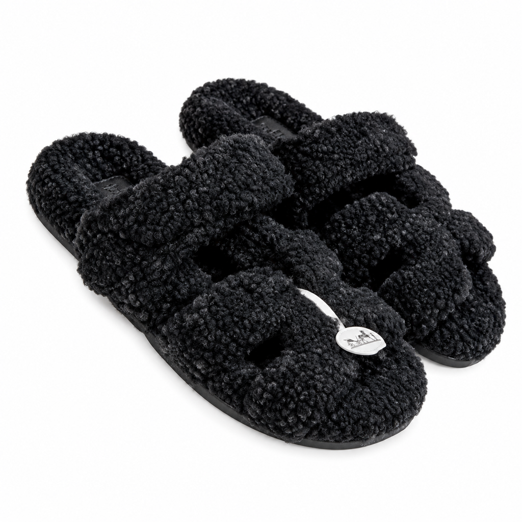 Hermès Black Textured H-Strap Slides