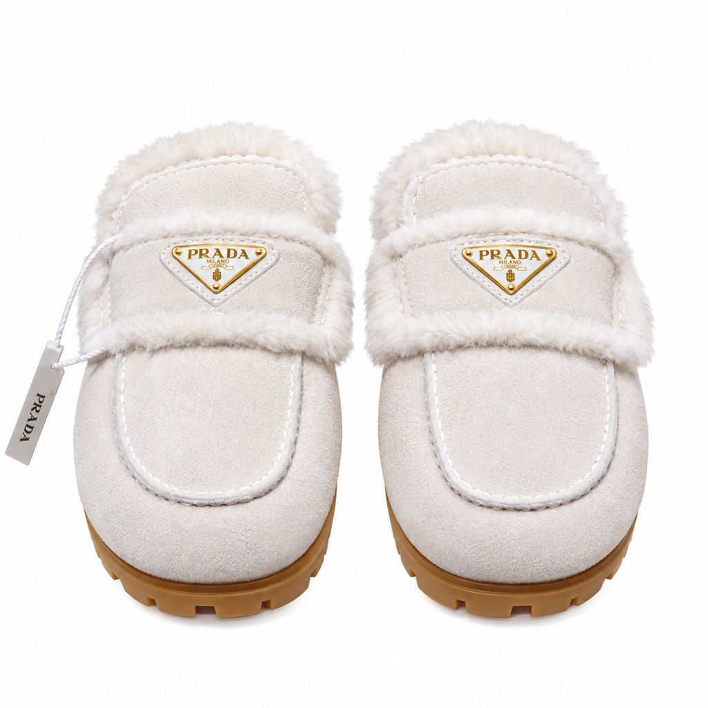 Prada Ivory Plush-Trim Moc-Toe Loafer Mules