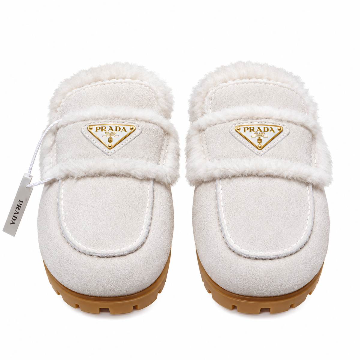 Prada Ivory Plush-Trim Moc-Toe Loafer Mules