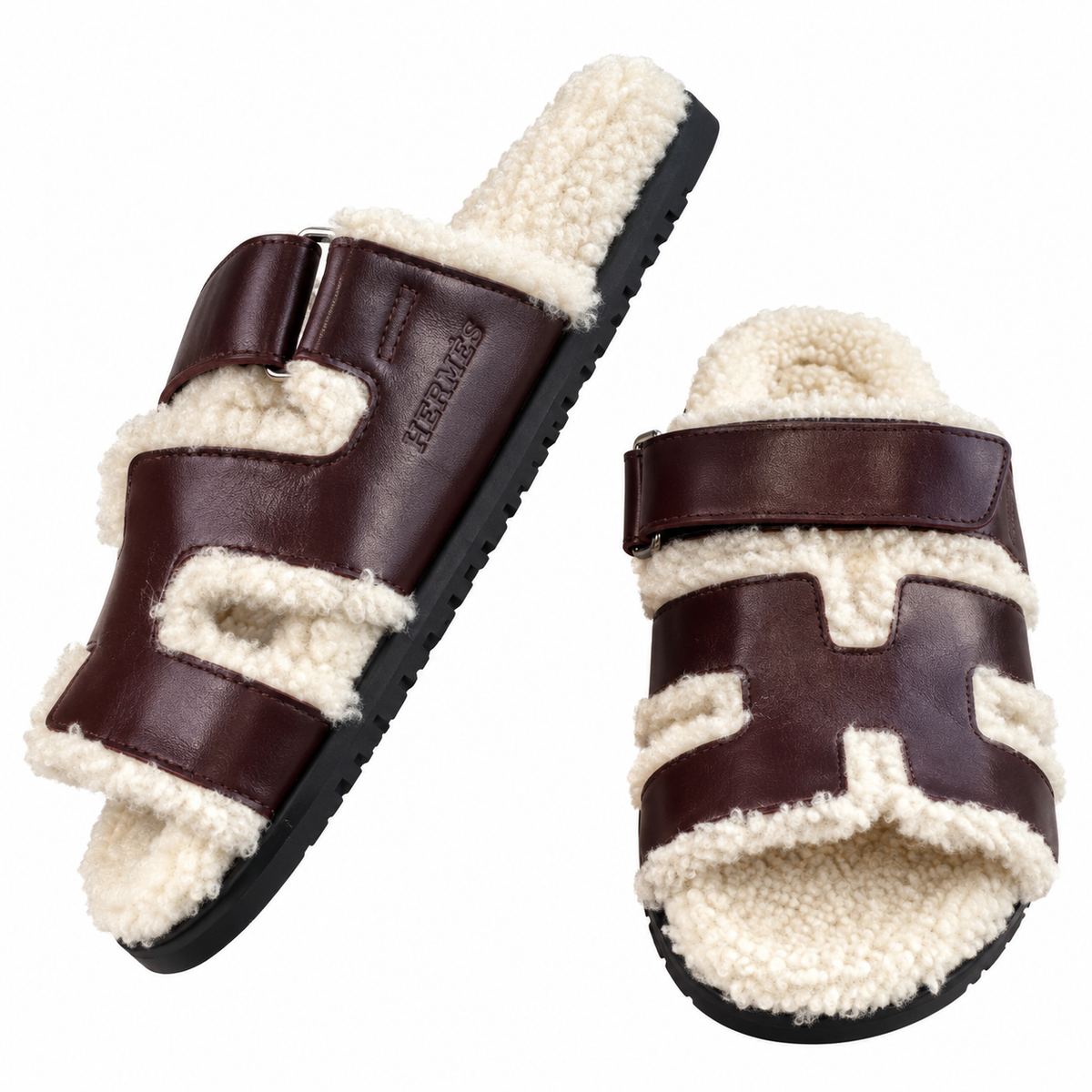 Hermès Burgundy H-Strap Slides with Cream Trim
