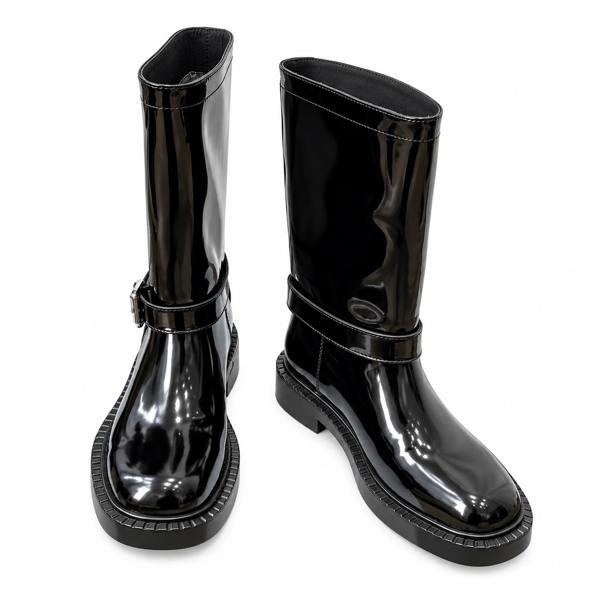 Prada Glossy Black Buckle-Strap Mid-Calf Boots