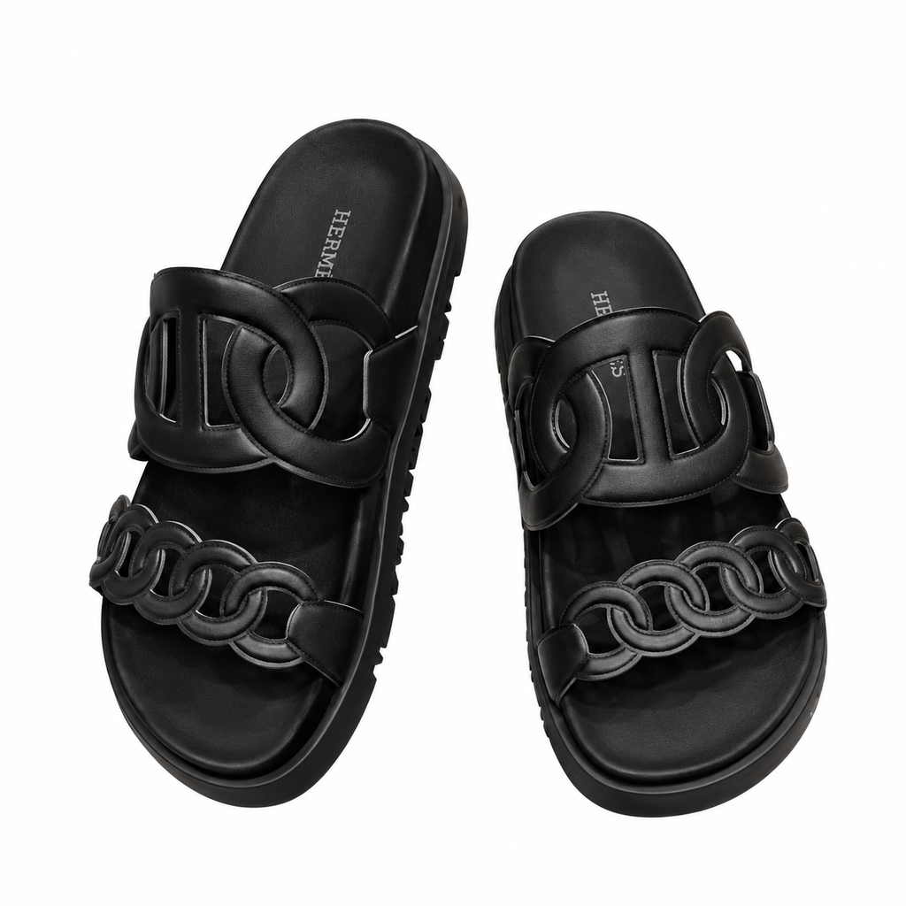Hermès Black Chain-Link Open Toe Slide Sandals