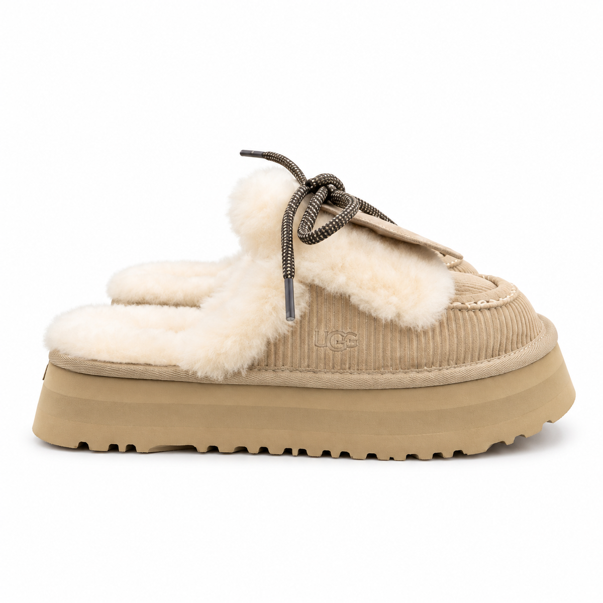 UGG Sand Beige Ribbed Bow Platform Slippers