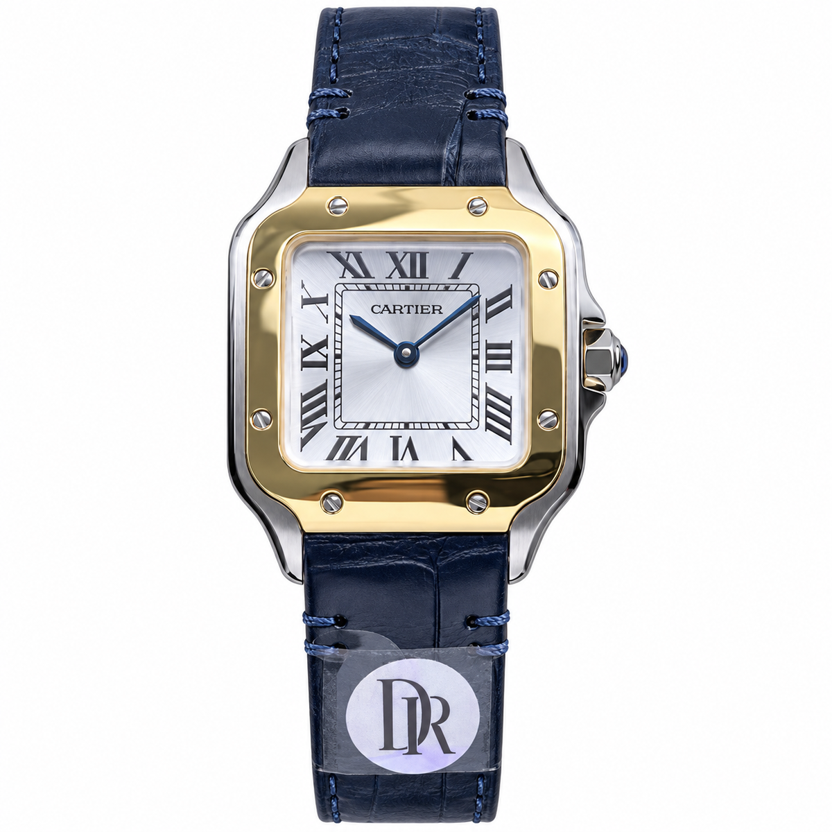 Cartier Santos Two-Tone Yellow Gold Steel Blue Leather Strap Watch