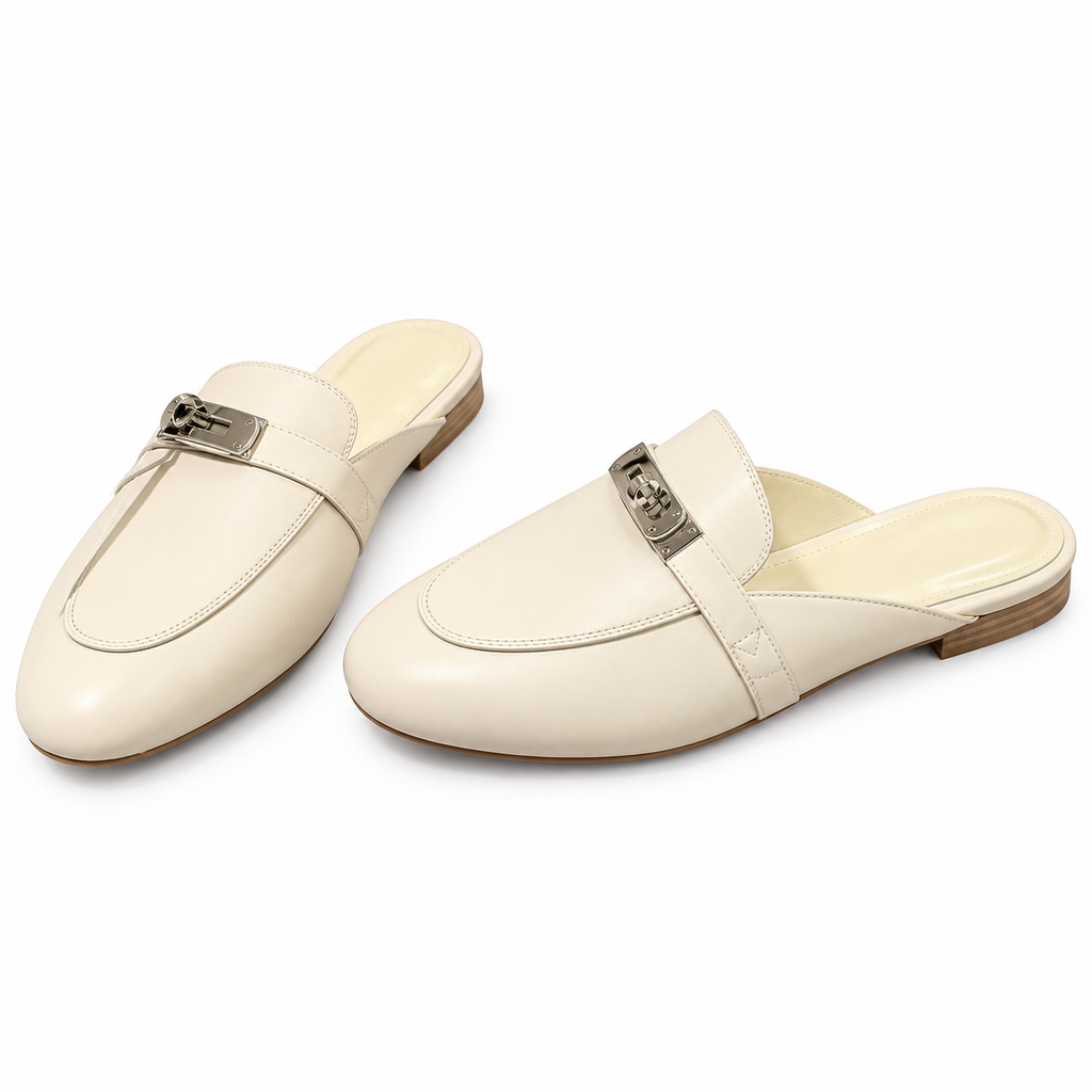 Hermès Ivory Mules with Silver-Tone Hardware