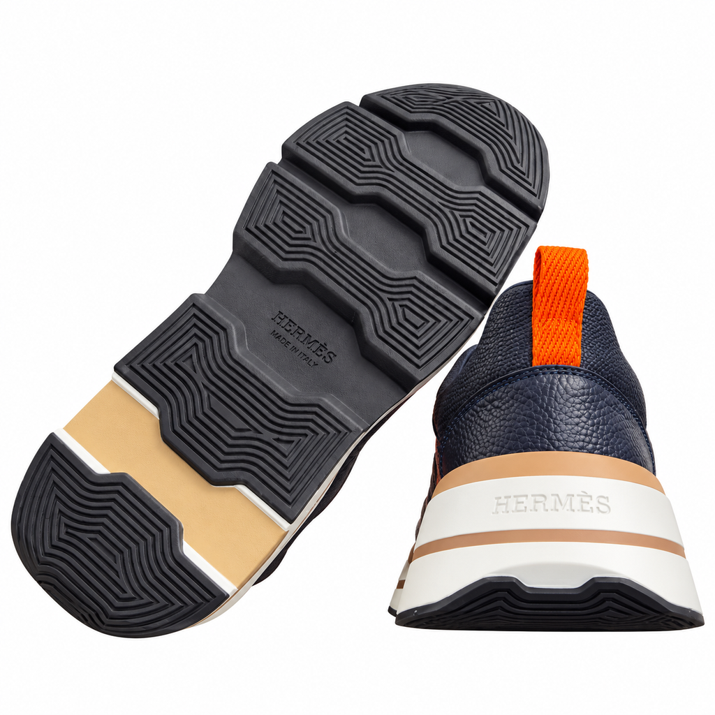 Hermès Navy Mesh Sneakers with Orange Accents