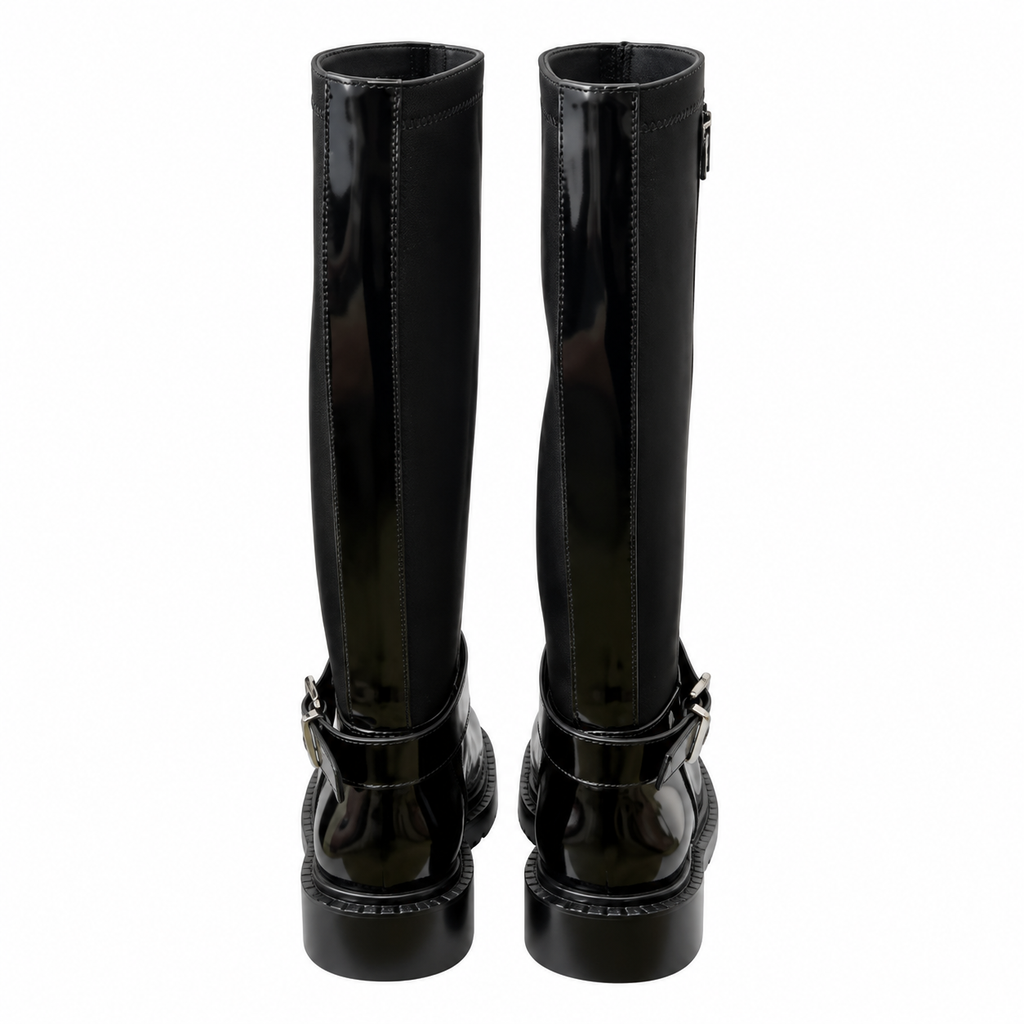 Prada Black Glossy-Panel Buckled Tall Boots
