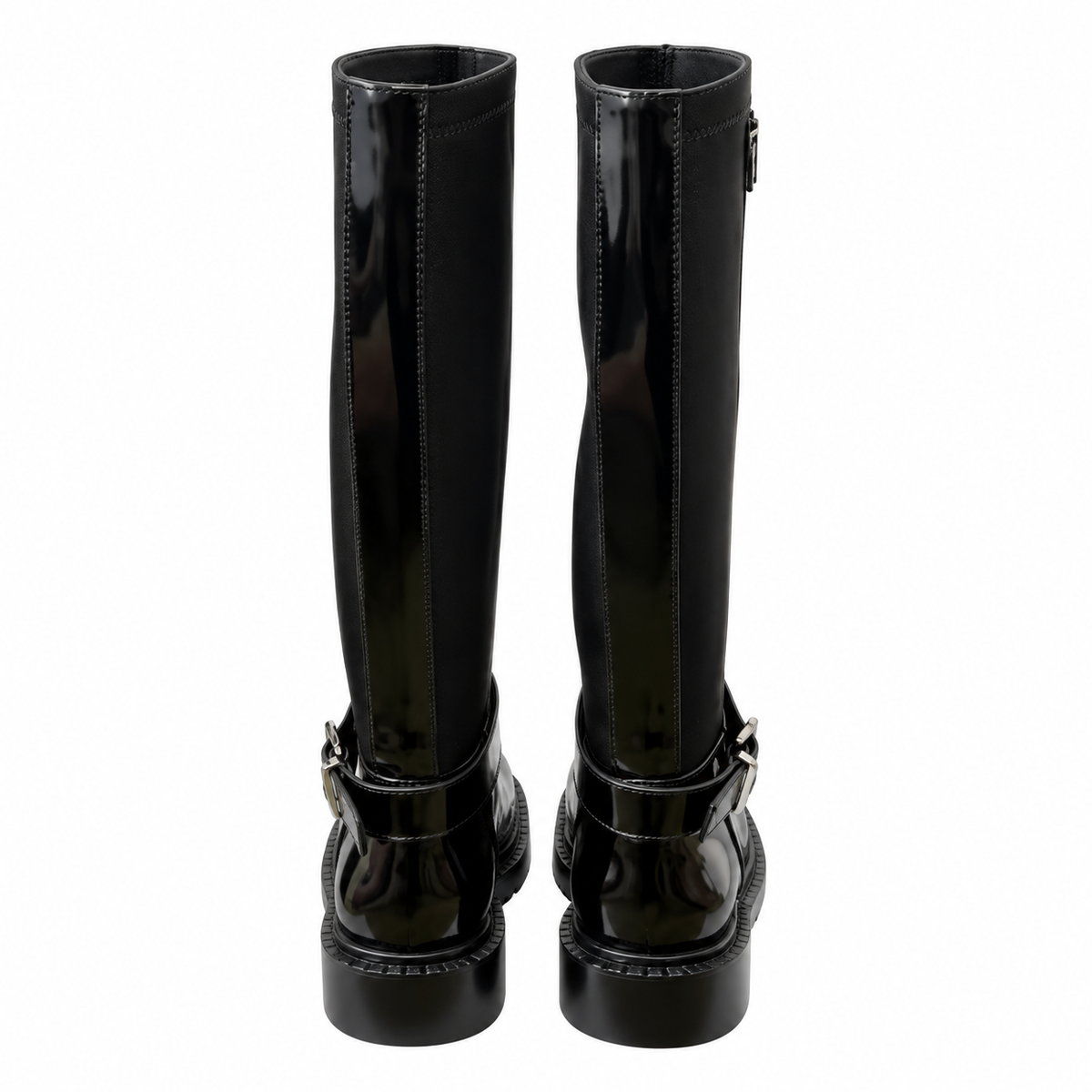 Prada Black Glossy-Panel Buckled Tall Boots