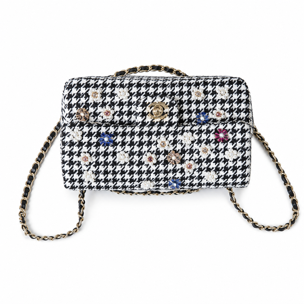 Chanel Black & White Houndstooth Tweed Box Bag with Pearl & Crystal Flower Embellishments