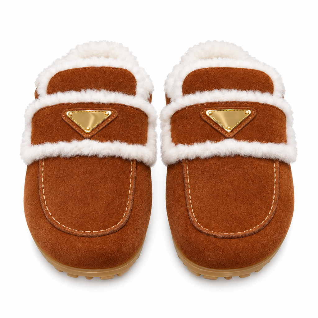 Prada Rust Brown Plush-Trim Loafer Mules