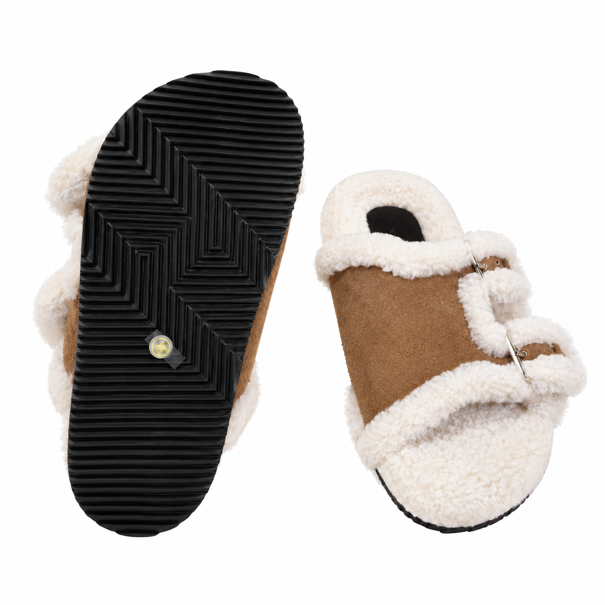 Hermès Tan Double-Buckle Slides with Cream Trim