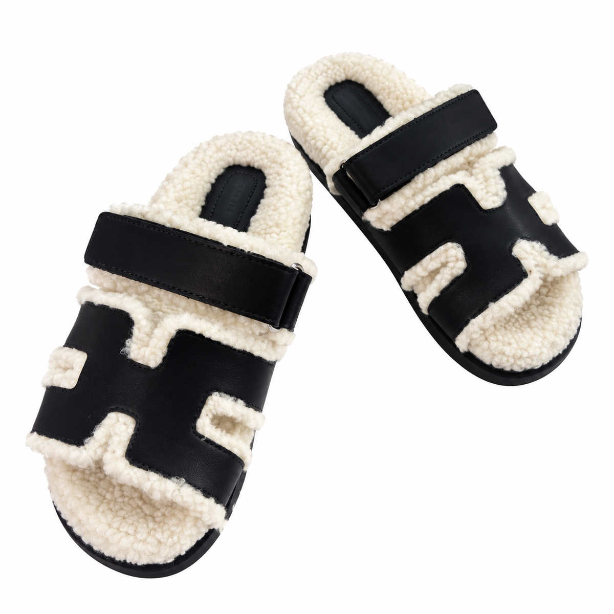 Hermès Black H-Strap Slides with Cream Trim