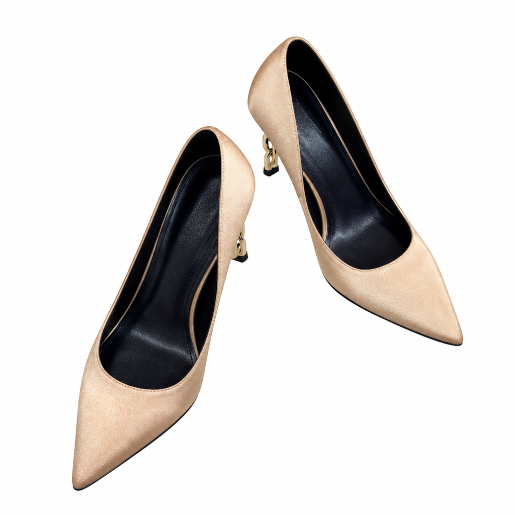 Hermès Champagne Pointed-Toe Pumps with Chain-Link Heel