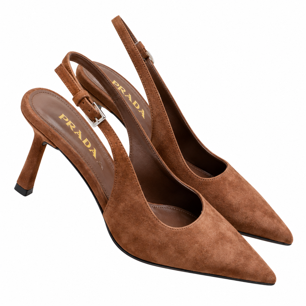 Prada Tan Suede-Look Pointed Slingback Pumps