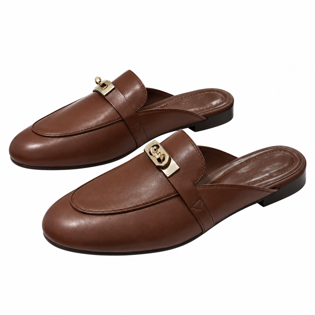 Hermès Brown Mules with Gold-Tone Hardware