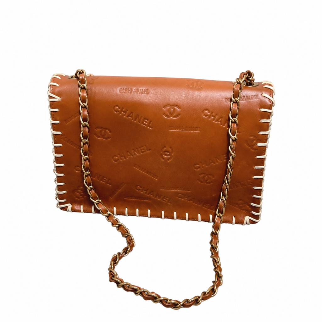 Chanel CC Monogram Embossed Tan Leather Flap Bag Whipstitch