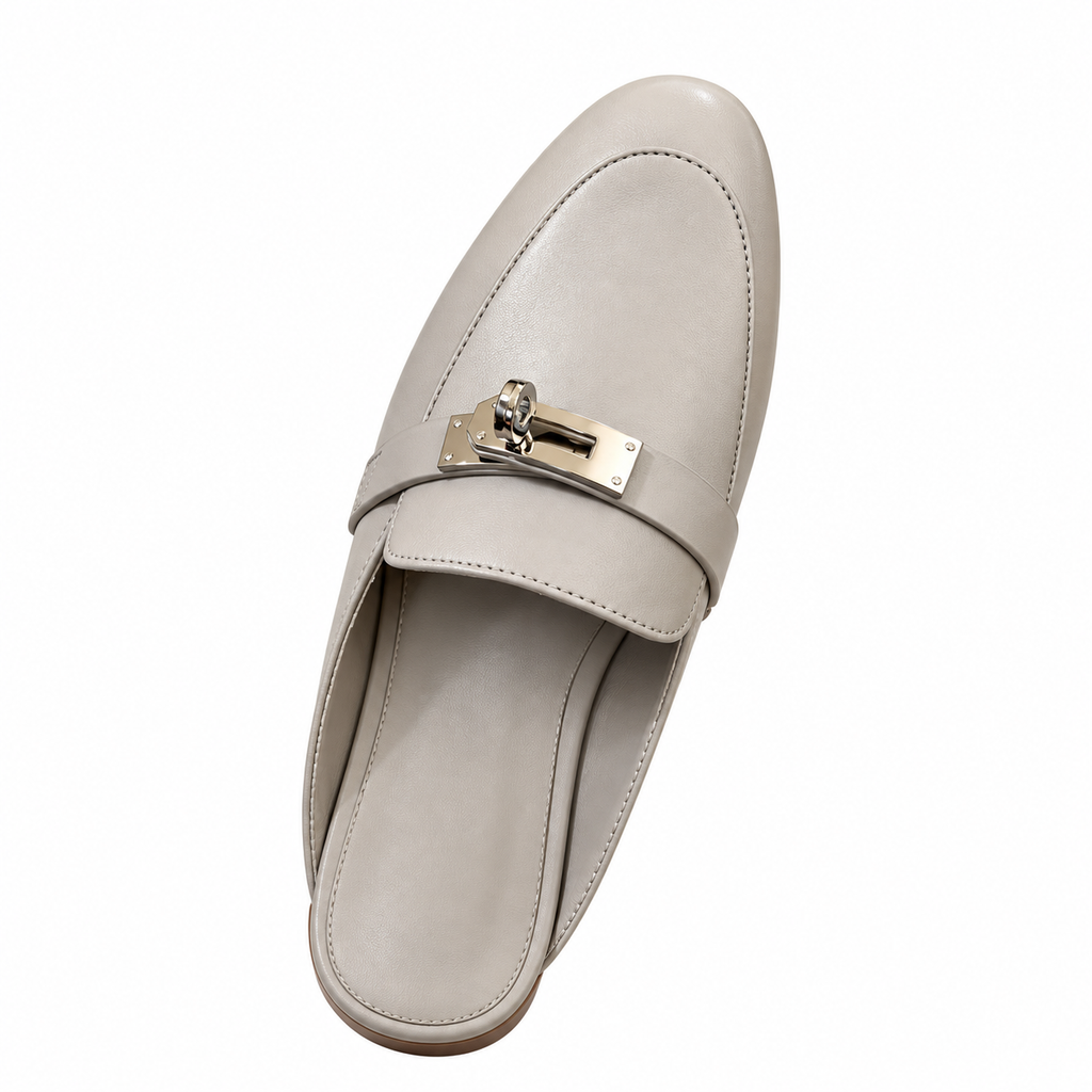 Hermès Light Grey Mules with Silver-Tone Hardware