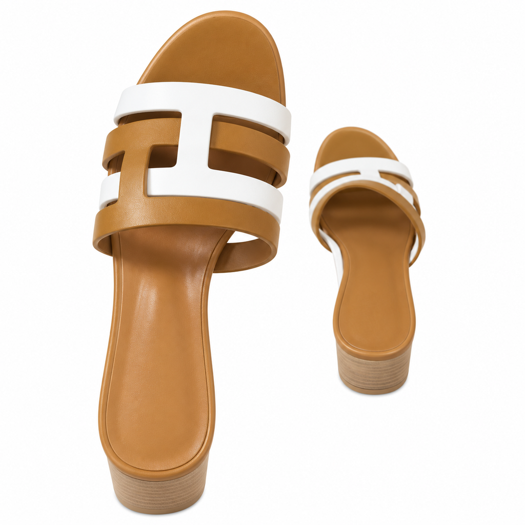 Hermès Tan & White H-Cutout Block-Heel Slides