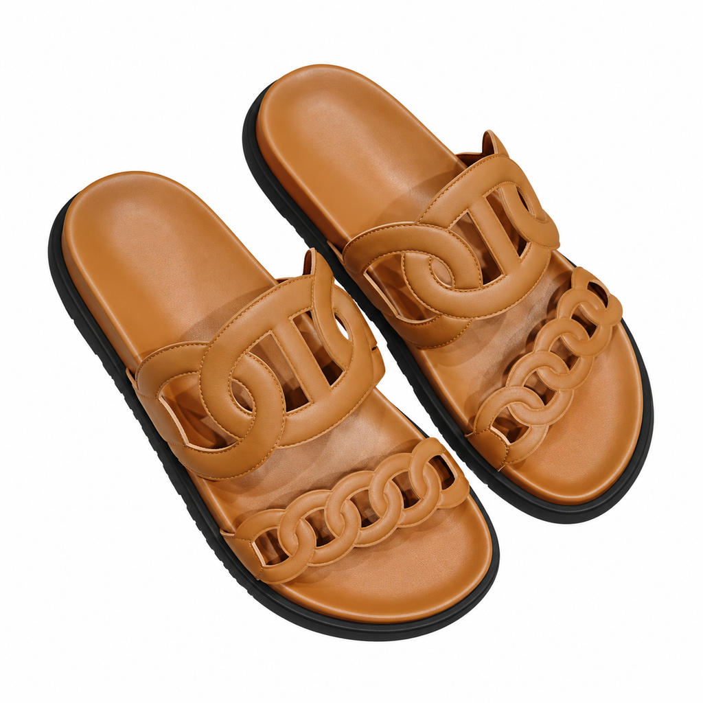 Hermès Warm Brown Chain-Link Two-Strap Slides