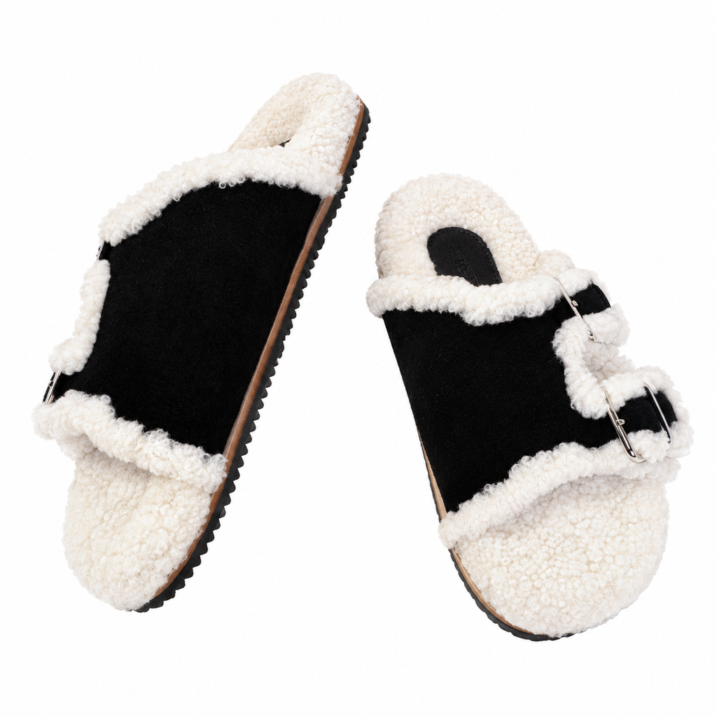 Hermès Black Double-Buckle Slides with Cream Trim