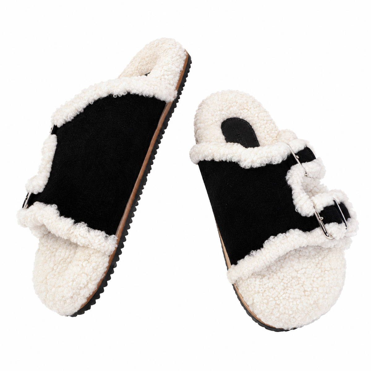 Hermès Black Double-Buckle Slides with Cream Trim
